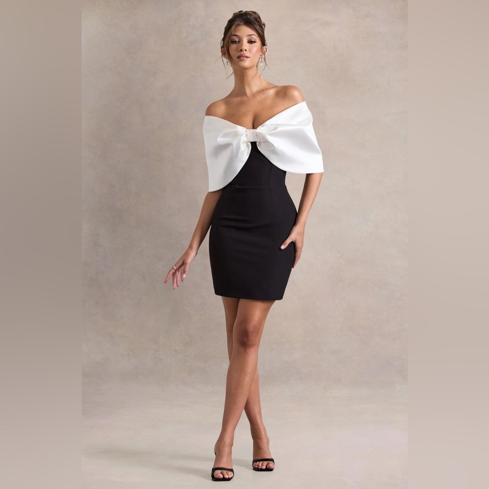 DEWDROP BLACK & WHITE MINI DRESS WITH OVERSIZED BOW | CLUB L LONDON - Picture 6 of 8